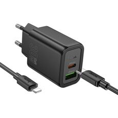 Set caricabatterie hoco N63 PD30W+QC3.0 con cavo da 1 m tipo C a 8 pin, specifiche: spina UE (nero)
