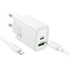 hoco N63 PD30W+QC3.0 Caricabatterie Set con 1m Tipo-C a 8 Pin Cavo, Specifiche: Spina UE (Bianco)