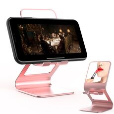 Supporto da tavolo in metallo multifunzionale universale per telefono cellulare / tablet PC con specchio per il trucco (rosa)