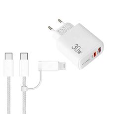 Caricabatterie PD31 30W USB-C / Type-C + USB-A con cavo dati Type-C+8 Pin 2 in 1, spina UE (bianco)