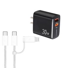 Caricabatterie PD31 30W USB-C / Type-C + USB-A con cavo dati Type-C+8 Pin 2 in 1, spina USA (nero)