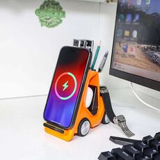 Caricabatterie wireless da tavolo T20S 3 in 1 da 15 W a forma di carrello elevatore con luce LED per atmosfera (arancione)