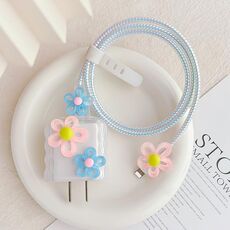 Per Apple 18W/20W Flower Shape Charger Custodia protettiva Cavo dati Biter (rosa e blu)