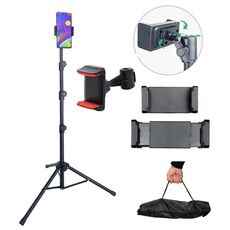 Treppiede per telefono cellulare retrattile da terra con supporto per tablet regolabile, modello: 323 (con borsa in tessuto + morsetto per telefono con testa di pecora)