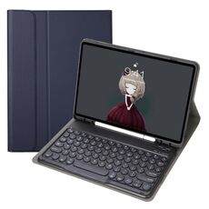 YA07B Custodia in pelle da tastiera agnello staccabile YA07B Struttura rotonda con slot e stand per iPad 9.7 pollici (2018) & (2017) / Pro 9.7 pollici / Aria 2 / AIR (blu scuro)