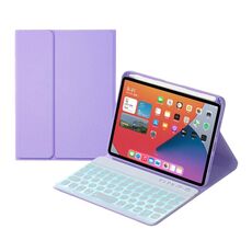 Caso di custodia in pelle Bluetooth rimovibile per tasti rotondi HY006D con retroilluminazione colorata e supporto per iPad mini 6 (viola chiaro)