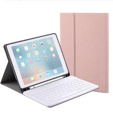 RK508 per iPad Air 2 e Air 1 / Pro da 9,7 pollici e 2017 iPad e 2018 iPad Texture di seta staccabile in plastica tastiera Bluetooth Cover in pelle con supporto e funzione slot per penna (oro rosa)