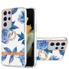 Per Samsung Galaxy S21 Ultra 5G Ring IMD Flowers TPU Telefono (blu Peony)