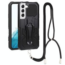 Per Samsung Galaxy S22 5G Lanyard Mecha Armor Kickstand PC + Telefono TPU (nero)