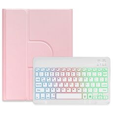 Per iPad 10.2 2021 / Air 2019 Retroilluminazione a tre colori Custodia in pelle per tastiera Bluetooth girevole a 360 gradi bianca (rosa)
