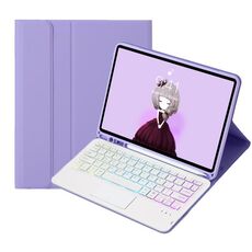 Per iPad 10a generazione 10.9 2022 A10B-AS Custodia per tablet in pelle con tastiera touch Bluetooth retroilluminata con trama in pelle di agnello e slot per penna (viola lavanda)