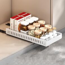 Mensola estraibile per pentole e padelle da cucina, organizer per piano di lavoro, vassoio per piatti, 42 cm, bianco