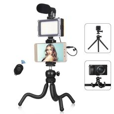 PULUZ 4 in 1 Vlogging Live Mini Octopus Bracket Kit + Studio Light + Microfono + Kit di morsetti per telefono (Nero)