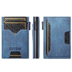 Il pulsante dello slot per carte bifacciale in denim Suteni espelle automaticamente la scatola delle carte (blu)