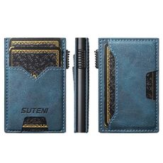 Il pulsante dello slot per carte bifacciale in denim Suteni espelle automaticamente la scatola delle carte (blu)