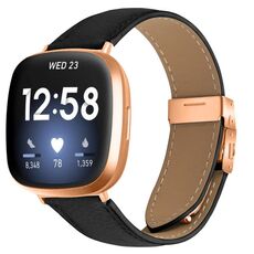 Cinturino per Fitbit Versa 3/4 in pelle con fibbia posteriore tartarugata in oro rosa e trama litchi (nero)