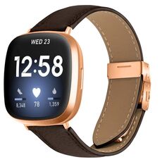 Cinturino per Fitbit Versa 3/4 in pelle con fibbia posteriore tartarugata in oro rosa e trama litchi (colore caffè)