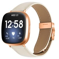 Cinturino in pelle con fibbia posteriore tartarugata in oro rosa con trama litchi per Fitbit Versa 3/4 (bianco crema)