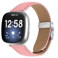 Cinturino per Fitbit Versa 3/4 in pelle con fibbia posteriore tartarugata argento e trama litchi (rosa)