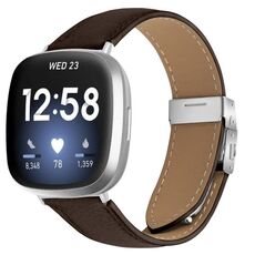 Cinturino per Fitbit Versa 3/4 in pelle con fibbia posteriore tartarugata argento e trama litchi (colore caffè)