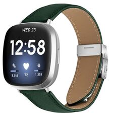 Cinturino per Fitbit Versa 3/4 in pelle con fibbia posteriore tartarugata argento e trama litchi (verde)