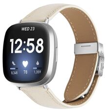Cinturino per Fitbit Versa 3/4 in pelle con fibbia posteriore tartarugata argento e trama litchi (bianco crema)