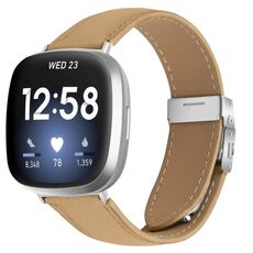 Cinturino per Fitbit Versa 3/4 in pelle con fibbia posteriore tartarugata argento e trama litchi (cammello)
