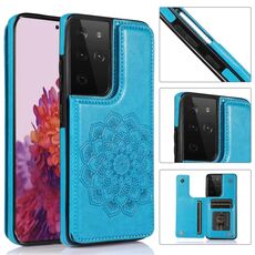 Per Samsung Galaxy S21 Ultra 5G Double Buckle Mandala PU+TPU Telefono (blu)