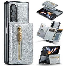 Custodia in pelle per Samsung Galaxy Z Fold4 5G DG.MING serie M3 con glitter in polvere (argento)