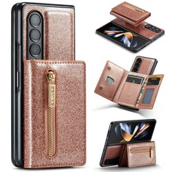 Custodia in pelle per Samsung Galaxy Z Fold4 5G DG.MING serie M3 con glitter in polvere (oro rosa)