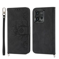 Per Motorola Moto G73 5G Custodia per cellulare in pelle con fiori goffrati effetto pelle (nero)