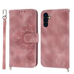 Per Samsung Galaxy M14 5G Global Skin-feel Custodia a portafoglio in pelle con fiori goffrati (rosa)