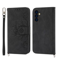 Per Samsung Galaxy M14 5G Global Skin-feel Custodia a portafoglio in pelle con fiori in rilievo (nero)