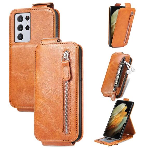 Per Samsung Galaxy S21 Ultra Zipper Wallet Vertical Flip Leather Case (Brown)