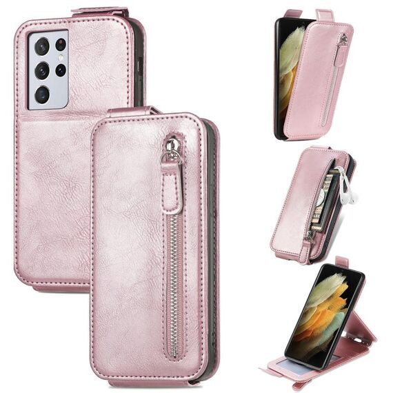 Per Samsung Galaxy S21 Ultra Zipper Wallet Vertical Flip Leather Case (Pink)