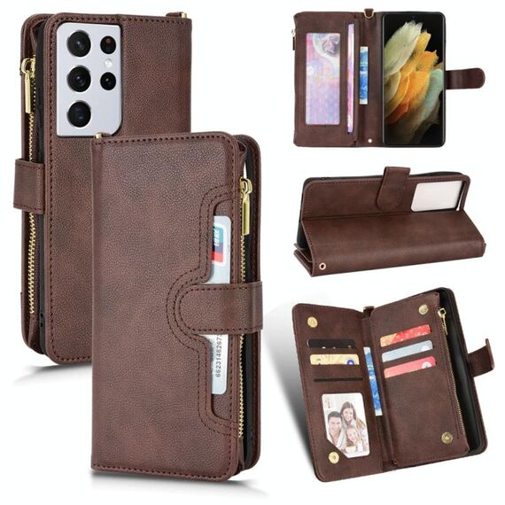 Per Samsung Galaxy S21 Ultra 5G Litchi Texture Zipper Leather Case (Brown)
