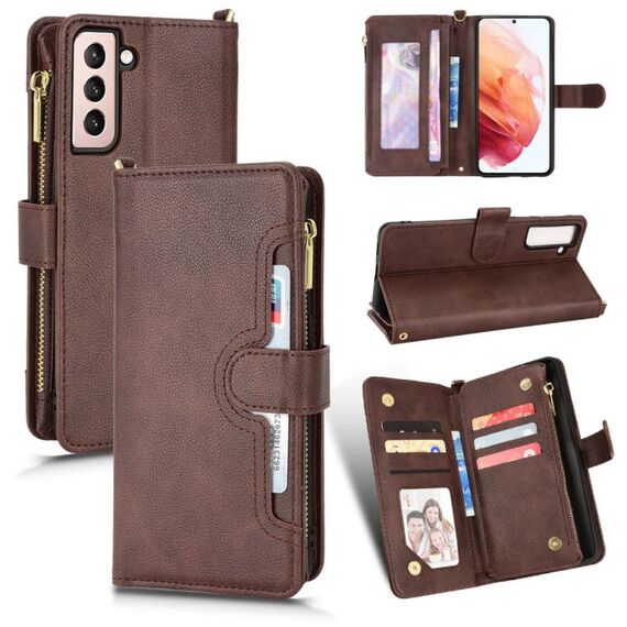 Per Samsung Galaxy S22 5G Litchi Texture Zipper Leather Phone Case (Brown)