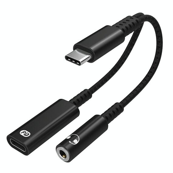 A15-1 USB-C / Type-C maschio a PD 30W USB-C / Type-C Carica + 3.5mm AD AUDIO AUDIO ADAPPER AUTOCOMPATORE (Nero)
