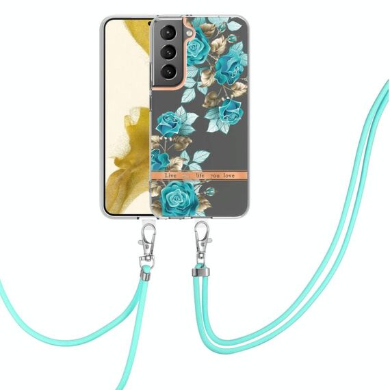 Per Samsung Galaxy S22 5G Flowers Flowers Case TPU con cordino (rosa blu)
