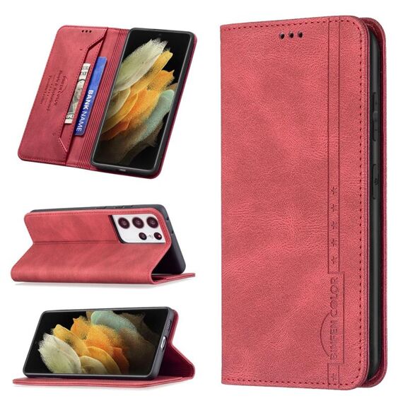 Per Samsung Galaxy S21 Ultra 5G Magnetico RFID Blocco Custodia in pelle antifurto con supporto e carta Slot & Portafoglio (rosso)