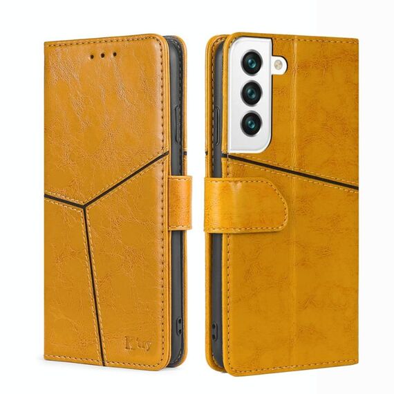 Per Samsung Galaxy S22 5G cuciture geometriche custodia orizzontale in pelle orizzontale con supporto e carta slot e portafoglio (giallo)