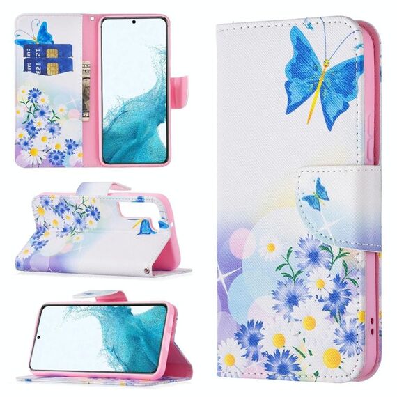 Per Samsung Galaxy S22 5G modello di disegno colorato modello orizzontale flip custodia in pelle con supporto e carte slot e portafoglio (farfalla amore)