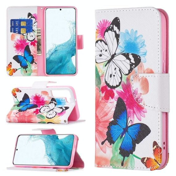 Per Samsung Galaxy S22 5G colorato modello disegno orizzontale flip custodia in pelle con supporto e carte e portafoglio (farfalle)