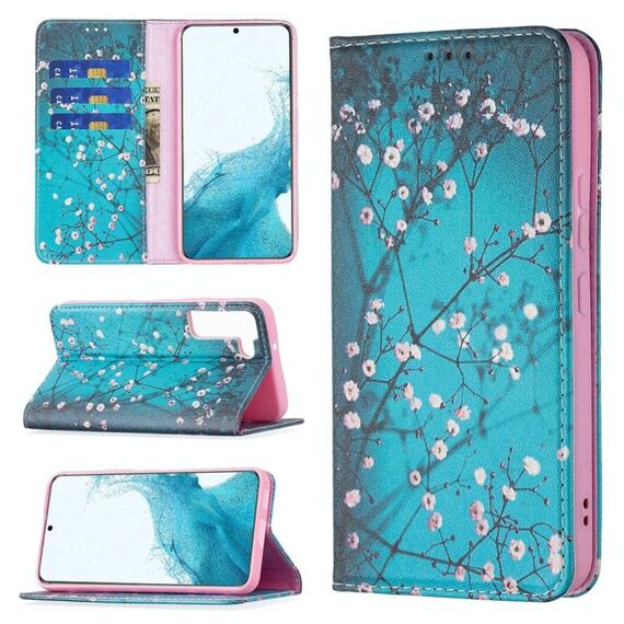 Per Samsung Galaxy S22 5G Pattern di disegno colorato Invisible Magnetic Horizontal Horizontal Custodia in pelle flip con supporto e carte Slot & Portafoglio (Plum Blossom)