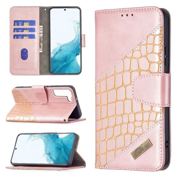 Per Samsung Galaxy S22 5G Colore corrispondente Coccodrillo Texture in pelle Telefono con supporto e carte Slot & Portafoglio (oro rosa)