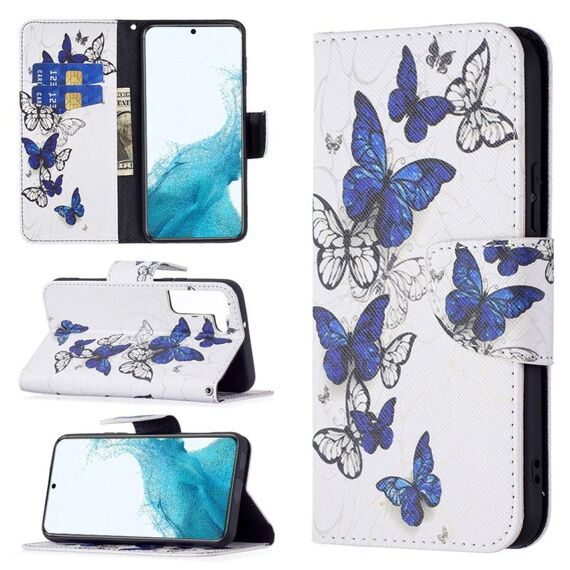 Per Samsung Galaxy S22 5G colorato modello di disegno orizzontale flip custodia in pelle con supporto e carte e portafoglio (farfalle blu)