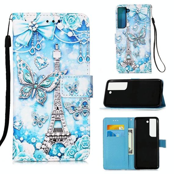 Per Samsung Galaxy S22 5G Disegno colorato Pattern Plain Weave Telefono in pelle con supporto e carta Slot & Portafoglio e cordino (Torre Butterfly)