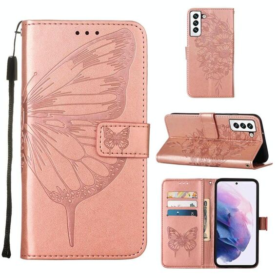 Per Samsung Galaxy S22 5G Cassa del telefono in pelle a farfalla in rilievo con titolare e carta Slot & Portafoglio e cordino (oro rosa)