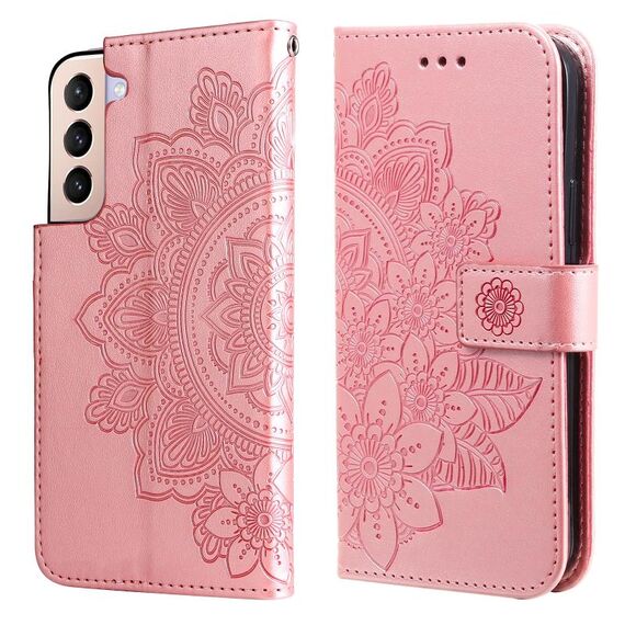 Per Samsung Galaxy S22 5G 7-Petal Flowers Embossed flip in pelle cassa del telefono con supporto e slot per schede (oro rosa)