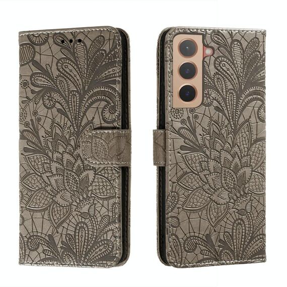 Per Samsung Galaxy S22 5G Cassa del telefono in pelle di pizzo con titolare e carte e portafoglio e cornice fotografica (grigio)